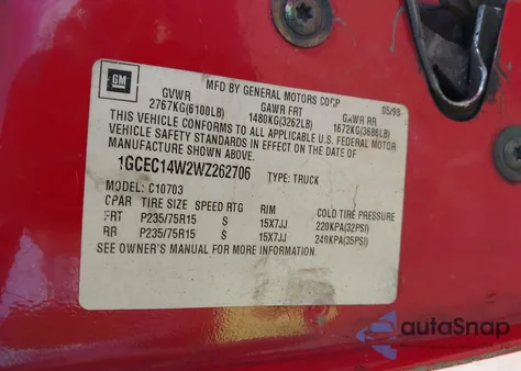 1998 Chevrolet C1500 Fleetside W/T z USA, uszkodzony, nr VIN 1GCEC14W2WZ262706